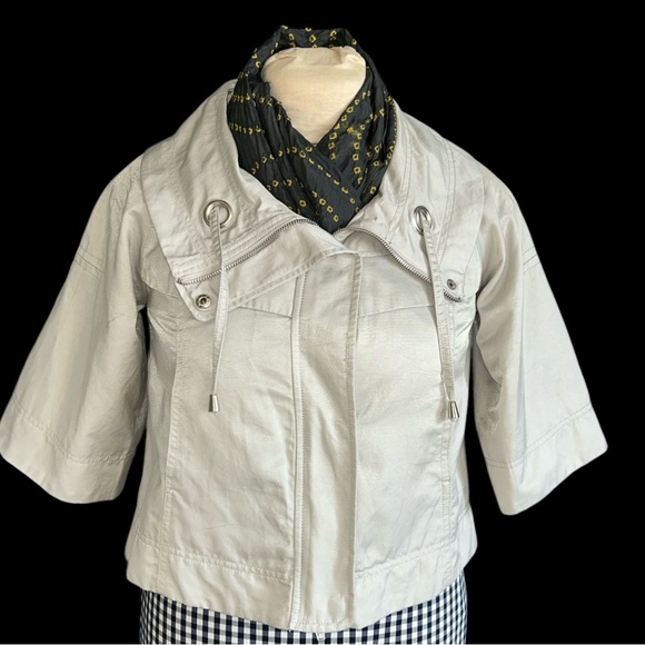Anthropologie Luii Pale Gray Cotton Sateen Full Zip Cropped 3/4 Sleeve Jacket S - Picture 1 of 12